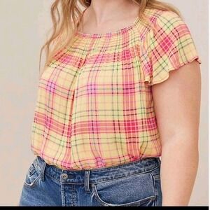 Torrid Yellow Pink Plaid Smocked Off Shoulder Flutter Sleeve Tunic Top Plus Size